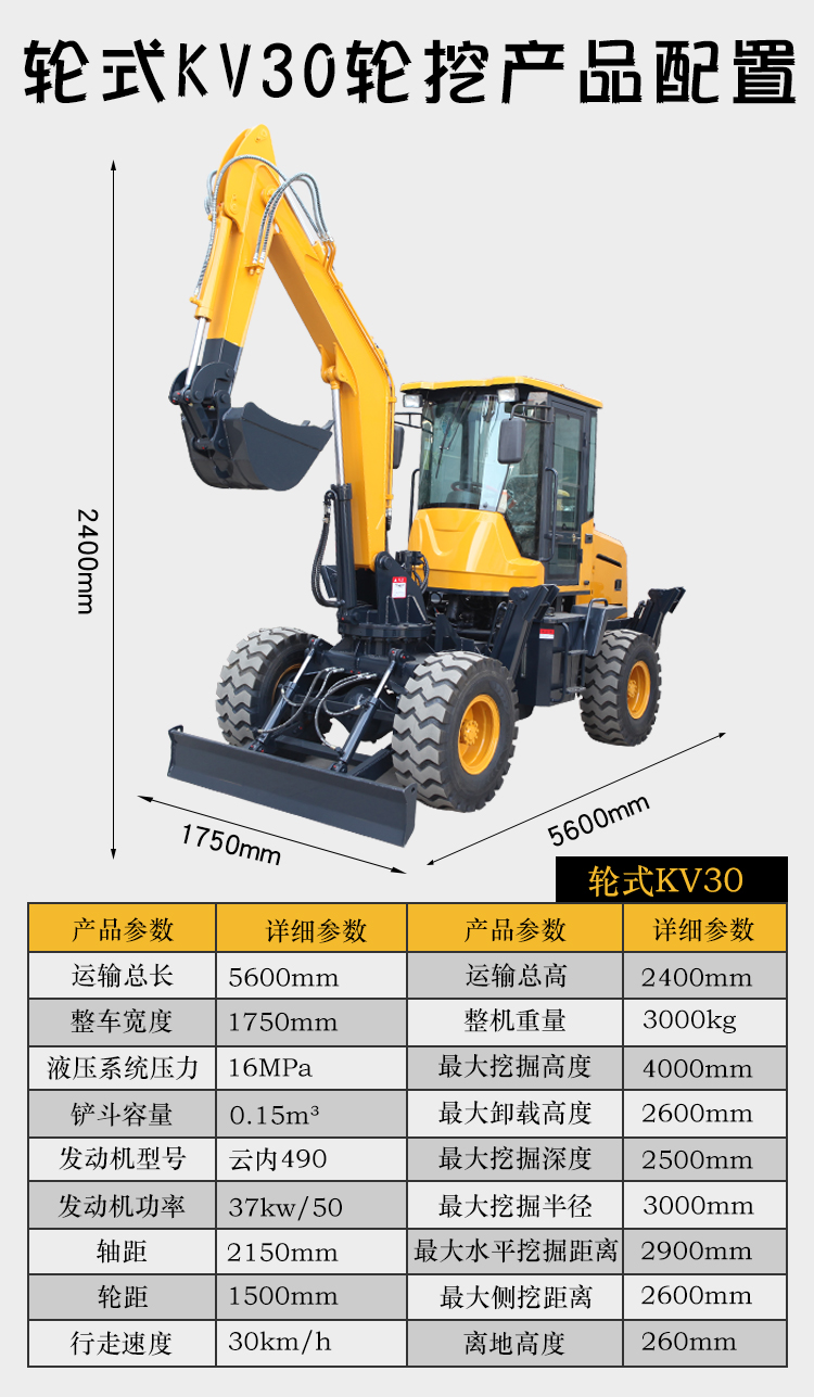 KV30小型輪式挖掘機產品配置